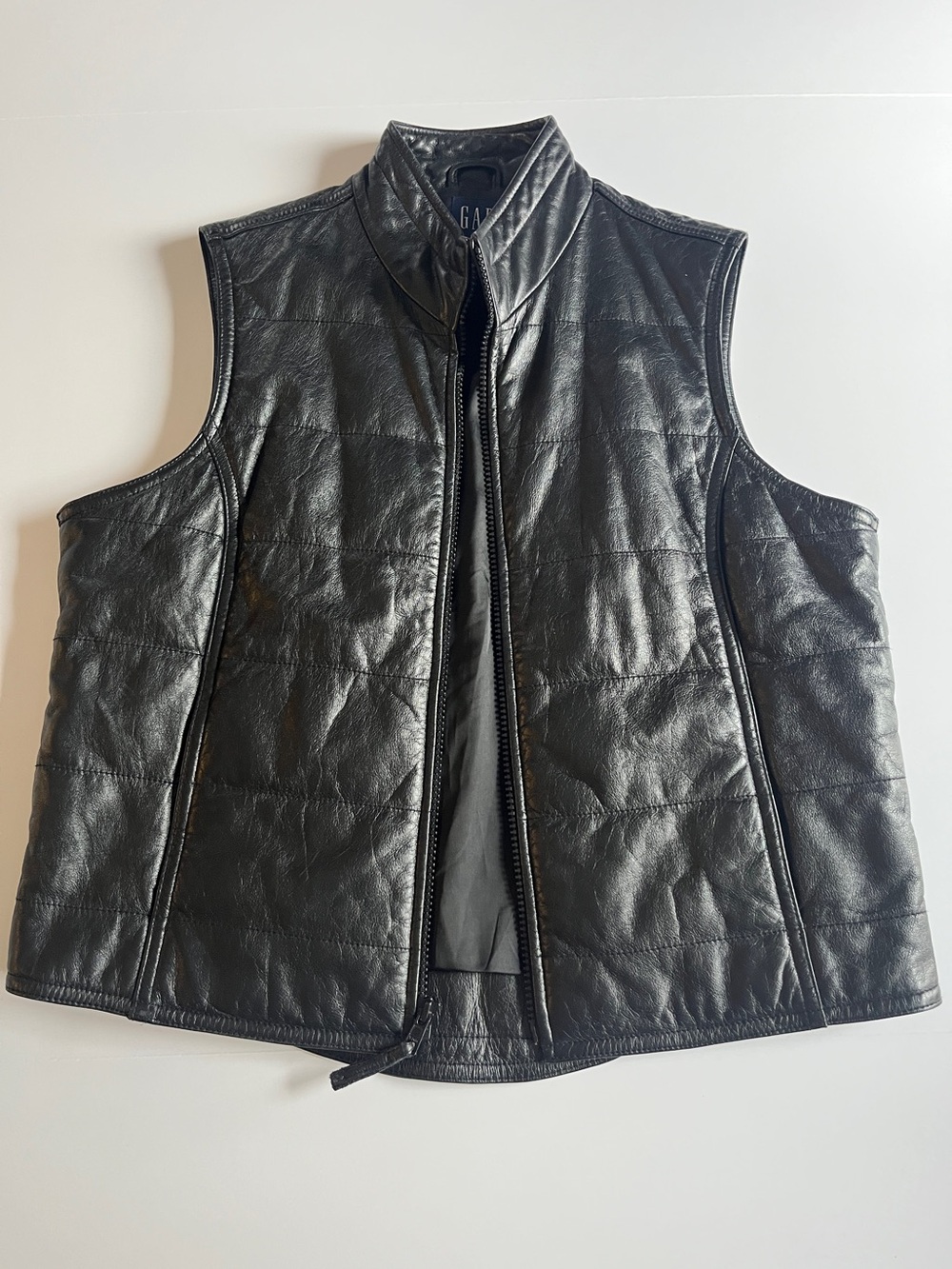 Vintage Gap Black Leather Cropped Vest Women's S 1999 Zip Biker Moto